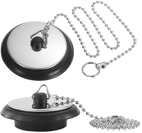 2 tapones de desagüe, tapón de lavabo de goma con cadena de 40 cm, diámetro de 40 – 45 mm, tapón para bañera, color negro