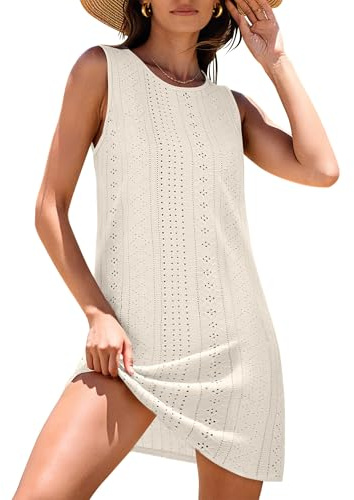 ANRABESS Womens Swimsuit Cover Up 2026 Summer Eyelet Sleeveless Beach Dresses Swimwear Bathing Suit Coverup Vacation Clothes Off-White Large