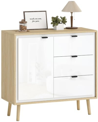 HOMCOM Credenza Cucina con 3 Cassetti 80x35x77 cm Bianco Lucido e Rovere | Armadietto, Mobile Cucina Moderno con Ripiano Regolabile, Credenza Buffet per Soggiorno Sala da Pranzo e Salotto, Madia