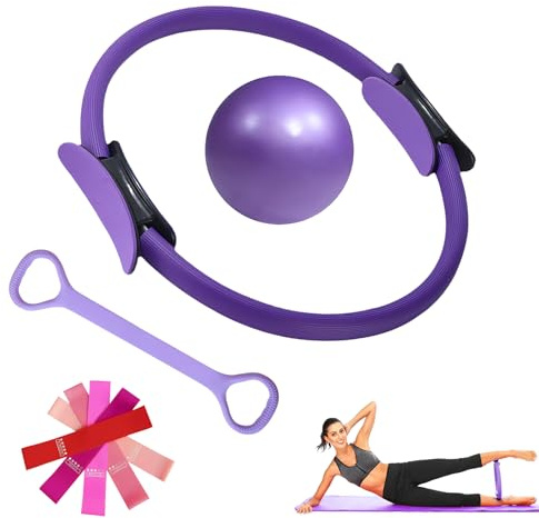 Pilates Ring Set - 5 Piece Magic Circle Kit with Ball Bands & Strap | 14 inch ring with dual padded handles, 9 inch ball for full body toning, home gym, yoga, core strength and flexibility