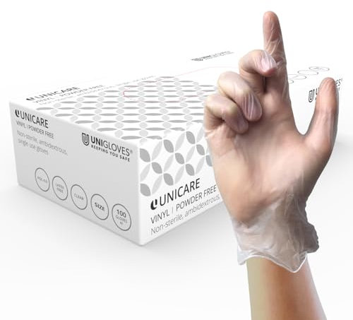 Unigloves Unicare Vinilo Transparente GS0064-A Guantes De Examen - Multiusos, Sin Polvo y Sin Látex Guantes Desechables, Caja de 100 Guantes, Transparentes, Grandes