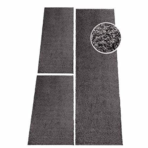 carpet city Teppich Shaggy Hochflor Langflor Einfarbig Dunkel Grau Öko Tex Bettumrandung 2X 80x150 & 1x 80x300