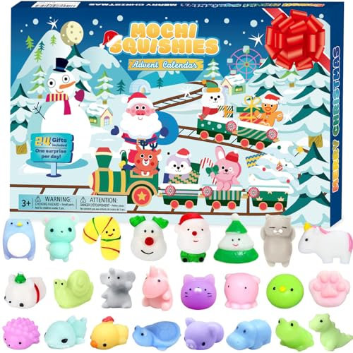 PANSHAN Weihnachts Adventskalender 2024 Weihnachts Countdown Kalender 24 Stück Mochi Squishy mit verschiedenen niedlichen Tieren, Stressüberraschung Weihnachtsfeier Geschenke für Jungen und Mädchen