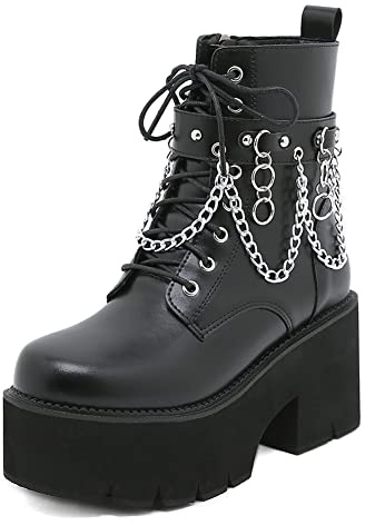 mikarka Women's Chain Platform Boots Lace Up & Zipper Chunky Heel Black Combat Ankle Booties Fashion Studded Motorcycle Boots