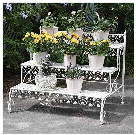 GZHENH Etagère À Fleurs, Support pour Plantes À 3 Niveaux Porte-Fleurs Échelle en Fer Forgé Porte-Pots De Fleurs Etagère De Jardin Rétro pour La Maison Jardin Patio Balcon Présentoir De Plantes
