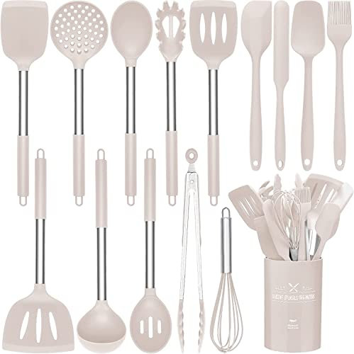Lot de 15 ustensiles de cuisine en silicone résistants à la chaleur avec poignées en acier inoxydable de qualité supérieure pour la cuisine et la pâtisserie, spatules antiadhésives