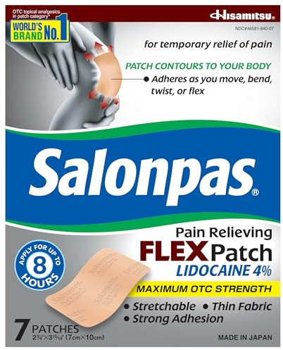 Salonpas Maximum OTC Strength Lidocaine 4% Pain Relieving Flex Patch, Apply for Up to 8 Hours, Unscented, Thin, Flexible, Lightweight, Patch Stays in Place, 7 Patches