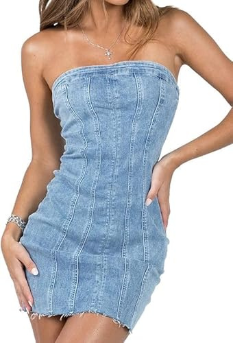 Fronage Denim Dress for Women 2025 Summer Sexy Strapless Y2K Backless Bodycon Jeans Dresses Trendy Club Denim Tube Dresses Light Blue, XS