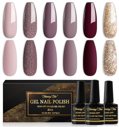 Shining She Gel Nail Polish Set, 6 Colours Nude Purple Brown Taupe Burgundy Glitter Gold Set Soak-Off UV/LED Manicure Gift Art Salon DIY Home, 8ML
