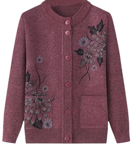 HGJH Cardigan Classique Imprimé Strass pour Dames Senior Cardigan Tricoté D'âge Moyen Et Âgé Vieille Dame Haut Occasionnel Grand Mère Porter Manteau Printemps Automne Mère Porter Pull Chaud,Rose,S