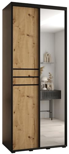 MEBLE KRYSPOL Davos 11 120 Schrank mit Zwei Schiebetüren für Schlafzimmer - Moderner Schrank mit Spiegel, Kleiderstange und Regalen - 235,2x120x60 cm - Schwarz Artisan Schwarz