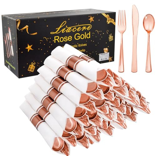Liacere 100Pack Rose Gold Plastic Silverware - Pre Rolled Napkins with Rose Gold Cutlery - Wrapped Silverware Set Disposable100 Forks Knives Spoons Wrapped Utensils for Wedding＆Mothers Day