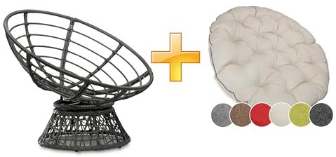 sunnypillow Papasansessel | Rattansessel mit Kissen rund Durchmesser 120 cm | gemütlicher Loungesessel drehbar für Wohnzimmer | Balkon Sessel Korbsessel Rattan Lesesessel | Outdoor/Indoor | Ecru
