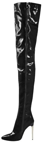 FGRID Cuissardes en cuir verni pour femmes, talons aiguilles sexy au-dessus du genou, bottes longues de soirée à bout pointu en PU avec fermeture éclair latérale grande taille,Noir,47