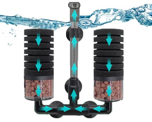 Aquarium Sponge Filter Air Powered Aquarium Filter Quiet Fish Tank Filter, Double Sponge Submersible Foam Filter with 4PCS Sponge, Biochemical Filter for Fish Tank Oxygen Increasing and Water Clean
