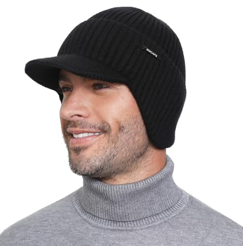Wmcaps Winter Beanie with Brim and Ear Flaps, Outdoor Warm Fleece Lined Knit Hat Stocking Caps for Men Women Black
