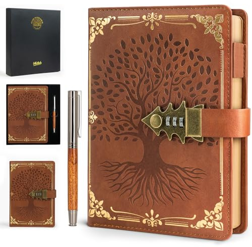 WEMATE Låsjournal med penna & presentförpackning, A5 260 sidor, påfyllningsbar, inbunden läderlösenordsanteckningsbok för skrivning, vintage låsdagbok för kvinnor, flickor, män, studenter, 21,8 x 14,7