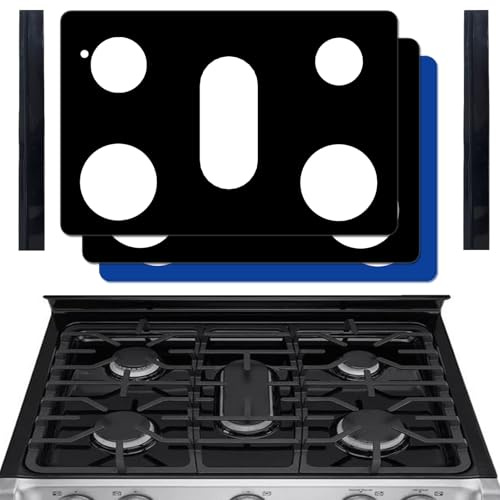 WHOLOPL Stove Guard for Gas Stoves, 30-inch LG Gas Range Non-Stick Double Thickness Reusable Stove Top Cover, 2 Pack Black + 1 Pack Blue with Stove Gap Covers