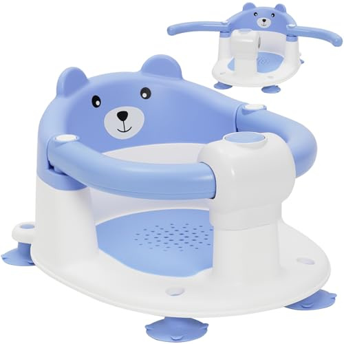 Seggiolino da Bagno per Bambini 6-24 Mesi, Sedia Doccia Bambini con 4 Ventose Forti, Schienale Ergonomico e Barra di Sicurezza Apribile, Sicuro e Antiscivolo, Regalo per Neonati e Neomamme(Blu)