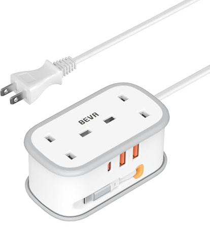 UK to Japan Plug Adapter with 1.5M Extension Cable, BEVA 2 Way 3 USB (2A+1C) Power Adapter with Retractable USB C Cable for Japan Travel (Type A)