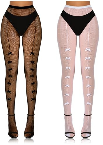 APLZGMG 2 Pairs Bow Fishnets Stockings for Women, Sexy Lace Fishnets Stockings with Bow, Cute Y2K Thigh High Waist Stocking for Dressing Halloween Party Accessories(Black & White)