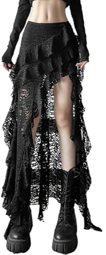 yssgtt Maxi gonna da donna in pizzo floreale con orlo irregolare in pizzo sexy casual Y2k gonne lunghe fluide, Nero , L