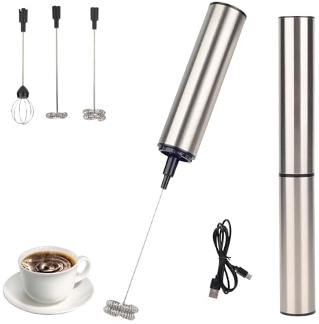 Milchaufschäumer Stab - Elektrischer Schneebesen, USB 800mah, 3 Aufsätzen 2 Geschwindigkeiten, Milchschäumer Elektrisch Aufladbar, Milk frother, Milchaufschäumer Elektrisch Stab, Silber