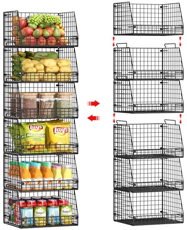 Jakyitvi 6 Pack Stackable Wire Baskets for Pantry,6 Pank Metal Pantry Organizer Storage Bins for Kitchen Snack, Fruit, Potato, Onion & Vegetable Storage, Wire Baskets for Pantry Organization