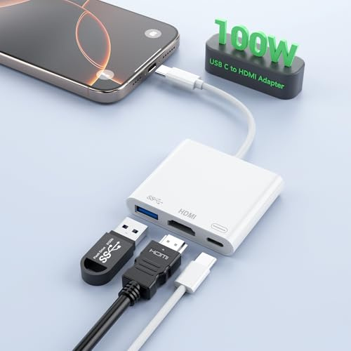 MTAKYI 100W USBC to HDMI Adapter, 3 in 1 USB-C HDMI for iPhone 17 16, 4K@60Hz to TV, Type C+5Gbps USB 3.0 +Digital AV Adapter 4K Sync Screen Connector with Fast Charging Port PD Converter