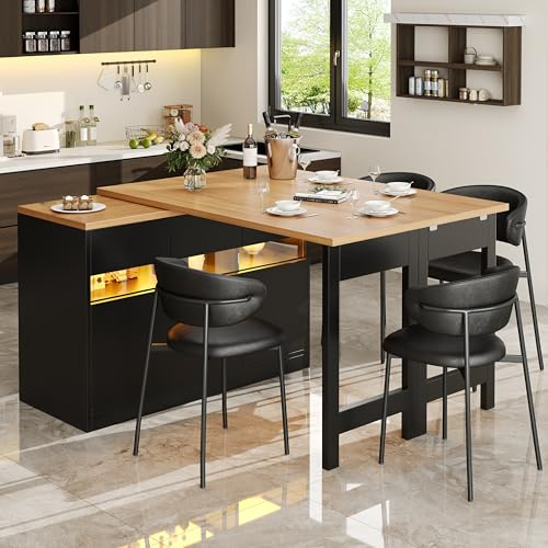 Merax 360° swivelling Dining Bar table Kitchen island, with Black storage cabinet with LED lighting, 3 Doors and Folding extending table-40-80X120CM, for Kitchen, Dining Room