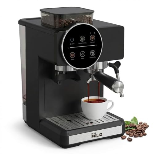 Don Feliz Cafetera Superautomática con Molinillo Integrado, 20 Bar, 1350W, Depósito 1.8L, Vaporizador de Leche, Portafiltro 51mm, Panel de Control Táctil