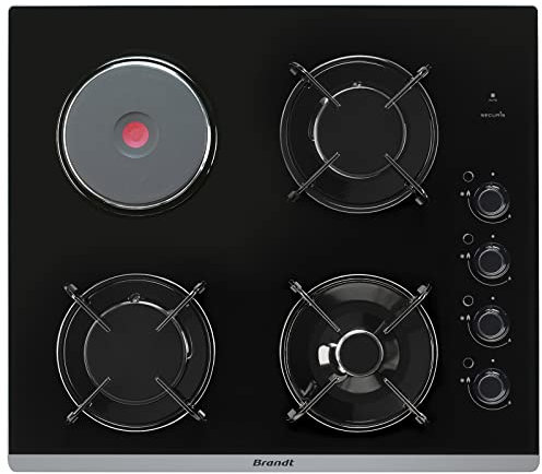Brandt - BPG6413BM - Plaque Gaz et Electrique - Table de Cuisson - Noir - 4 Foyers - 1500W Electrique et 6200 Gaz - Encastrement : 56x48cm - Sécurité Gaz par Thermocouple - Fabriqué en France