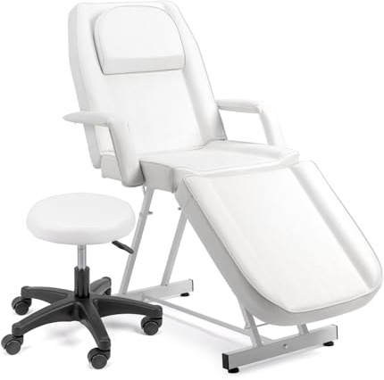 Bonnlo Professional Massage Table Tattoo Chair, Multi-Purpose 3-Section w/Adjustble Stool, Esthetician Bed Beauty Equipment for Spa Facial Waxing & Physical Therapy(White)