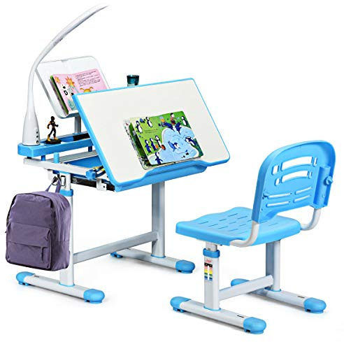 COSTWAY Set Scrivania e Sedia per Bambini 3-12 Anni, Altezza e Angolo Regolabile e Multifunzionale, Con Lampada di Protezione per gli Occhie Cornice per la Lettura (BLU)