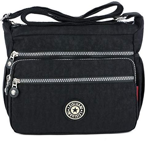 MINGZE Nylon Handtasche, Umhängetasche Damen Sportliche Schultertasche Wasserdicht (Schwarz)