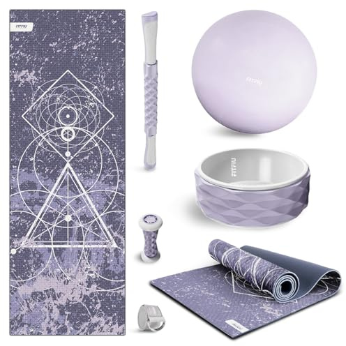 Fitfiu Fitness KITWELL-400 Pack di 4 Accessori Yoga Pilates Colore Lilla con Tappetino, Blocco, Anello e Cinghia Include Guida di Esercizi Wellness