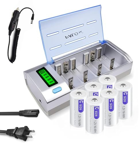 6 Pack C Rechargeble Batteries 1.2V 4000mAh NiMH with Universal LCD Battery Charger for AA AAA C D 9V NiMH NiCD Rechargeable Battery with Discharge Function