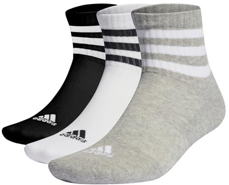 adidas Unisex 3-Stripes Cushioned Sportswear Mid-Cut Socks 3 Pairs, Medium Grey Heather / White / Black, 13-14.5