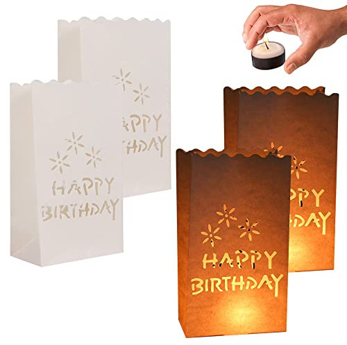 YGCHEN Lichttüten Papierlaternen Kerzentüten Happy Birthday Kerze Taschen Weiß Candle Bags Papier Tüten Deko Geburtstag Kerz Lichttüte Dekoration (20 Stück)