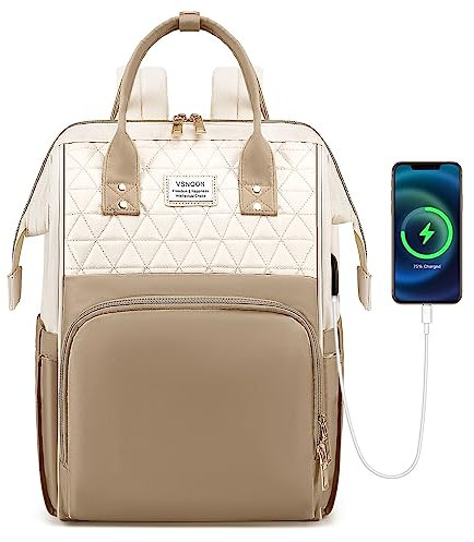 VSNOON Laptop Backpack for Women,15.6 Inch Stylish Laptop Rucksack Wide Open, Travel Backpack with USB Charging Port, Water Resistant Travel Business Work Bag Computer Backpack for Men, Brown