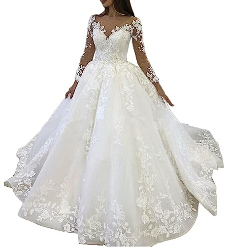 HEULORIA Vestidos de Novia Princesa Cuello V Manga Larga Encaje Vestidos de Boda Tren Largo BA-VL-0627 (40, Ivory)