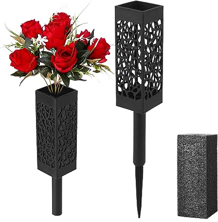 Cemetery Artificial Flower Vase with Foam for Grave Decorations 2 Headstones Fake Floral Holder with Spike Outdoor Tombstone Markers Memorials