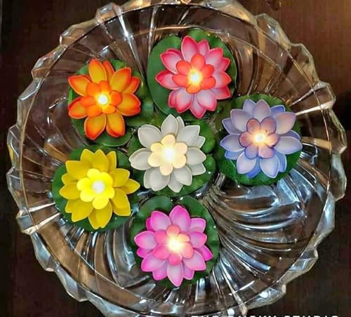 MoonlitDreams Sensor Water Floating Smokeless Candles & Lotus Flowers Sensor Led Tea Light Unbreakable for Outdoor and Indoor Festival Decoration (Multicolor, Pack of 6,Plastic)