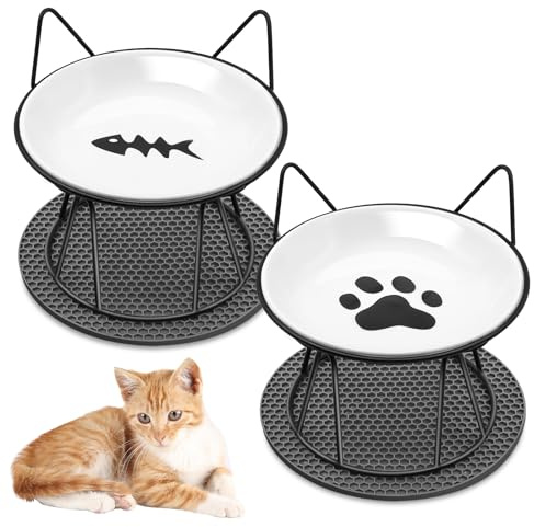 Avmvnvc Gamelle surélevée pour chat en céramique - 2 pièces - Antidérapante - Avec support en métal et support en silicone - Gamelle pour chat et petit chien
