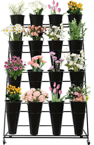 Gvqng Soporte De ExhibicióN De Flores con Cubos, Soporte para Plantas con Ruedas, Tarea Pesada Carro De Flores Carro De Planta, Estante para Plantas Moderno, Soporte De ExhibicióN,Negro,4 Layers