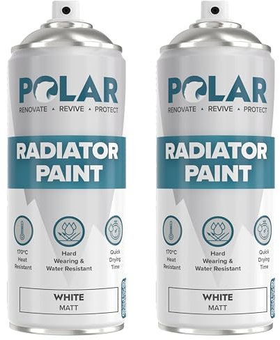 Polar Matt White Radiator Spray Paint - 2 x 400ml | Heat Resistant up to 100ºC | Quick Drying & No Primer needed | Exterior Surfaces of Radiators & Hot Water Tanks | Heat Resistant Radiator Paint