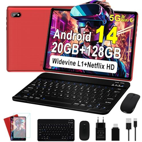 Tablet 10 Zoll Android Ultraschnelles PC mit, Widevine L1, 5G WiFi 6, Octa-Core, 20GB RAM + 128GB ROM (TF 1TB), FHD IPS, Doppelkamera, Bluetooth 5.0, 2025 Neueste Tablet mit Tastatur und Maus, Red