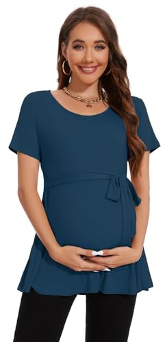 Smallshow Ropa de Mujer Embarazada Manga Corta Side Split Tops Maternidad,Teal,L