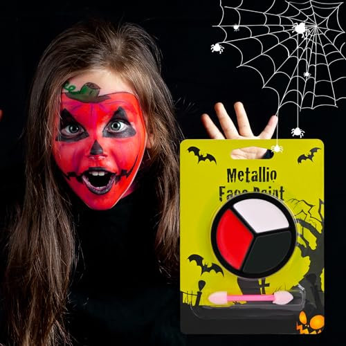 Maquillage Halloween, Peinture Visage, Peinture pour le Visage Halloween Blanc Noir Rouge, Palette de Peinture Lavable, Maquillage pour Halloween Carnaval Théâtre Couleur du Visage et Corps