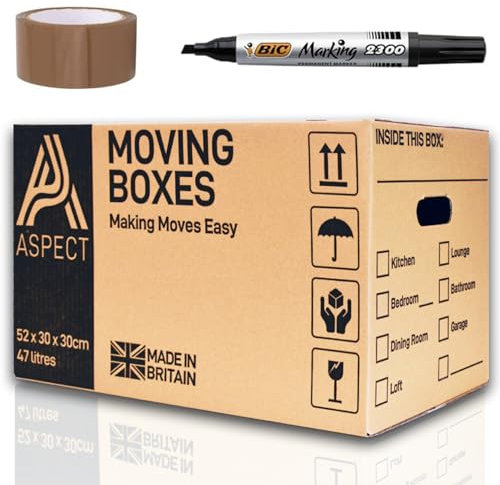 Aspect 10 Strong Large Cardboard Storage for Moving 52cm x 30cm x 30cm House Storage Packing Boxes With Lids Storage Boxes for Packing With Carry Handles - 47 Litres